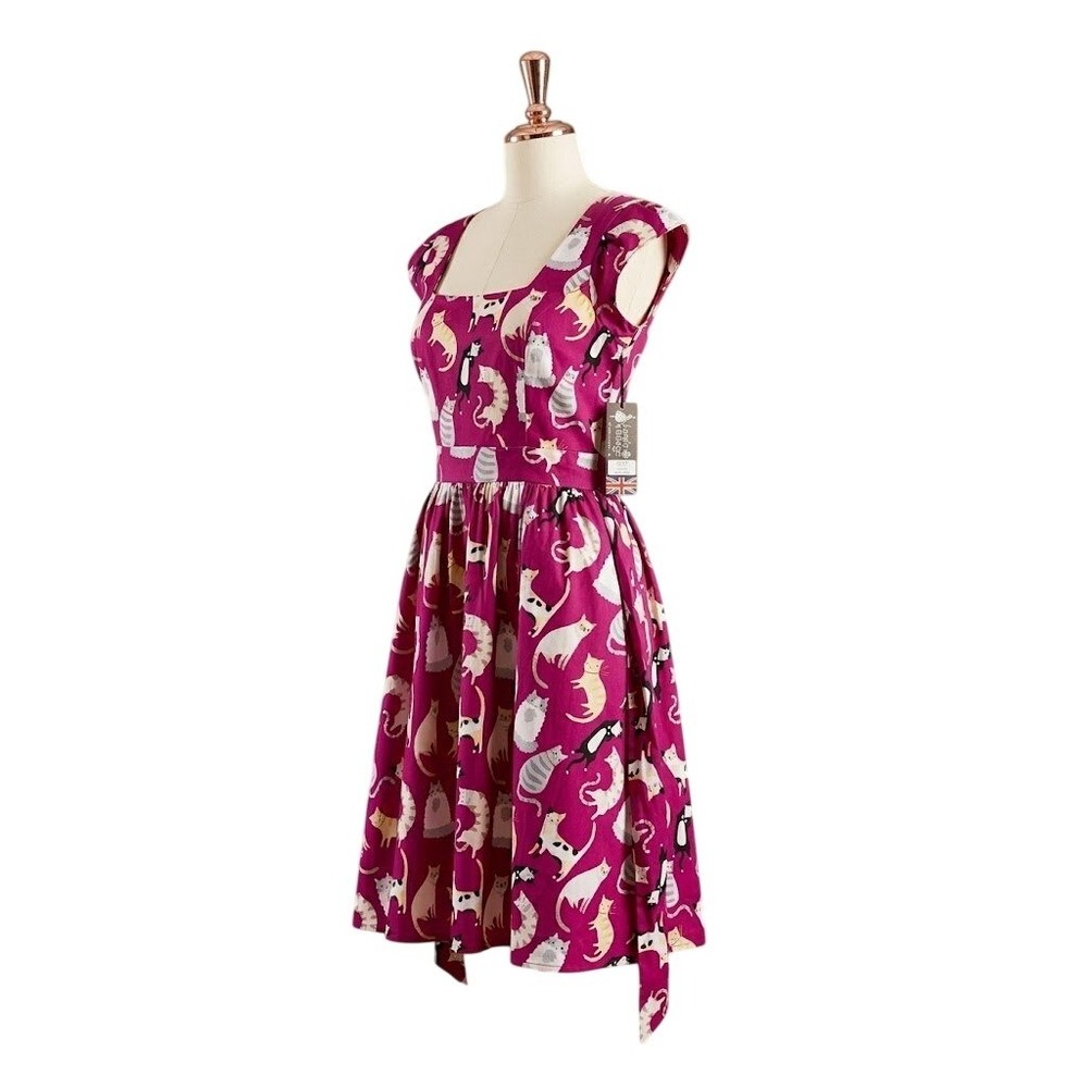 Lady Vintage London Hepburn Dress Pink Cat Print Retro Rockabilly Size 12 NWT - Picture 2 of 5